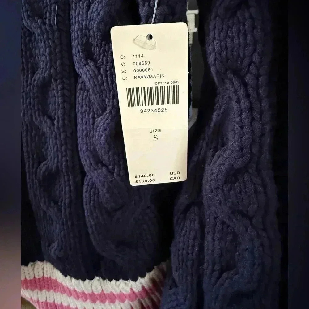 NWT • Anthropologie Maeve Varsity Cable Knit Cardigan Sweater Navy/Pink Small - Picture 9 of 9